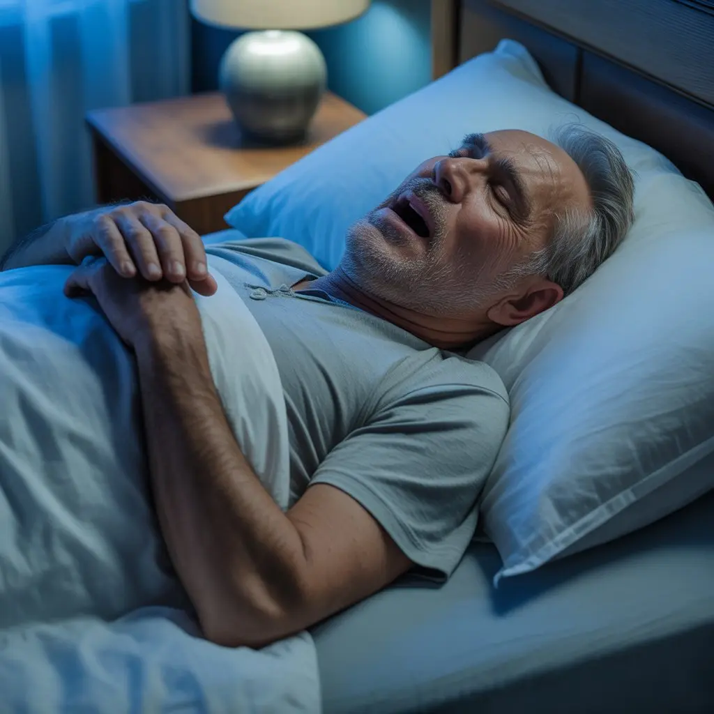 An elderly man is snoring while sleeping.